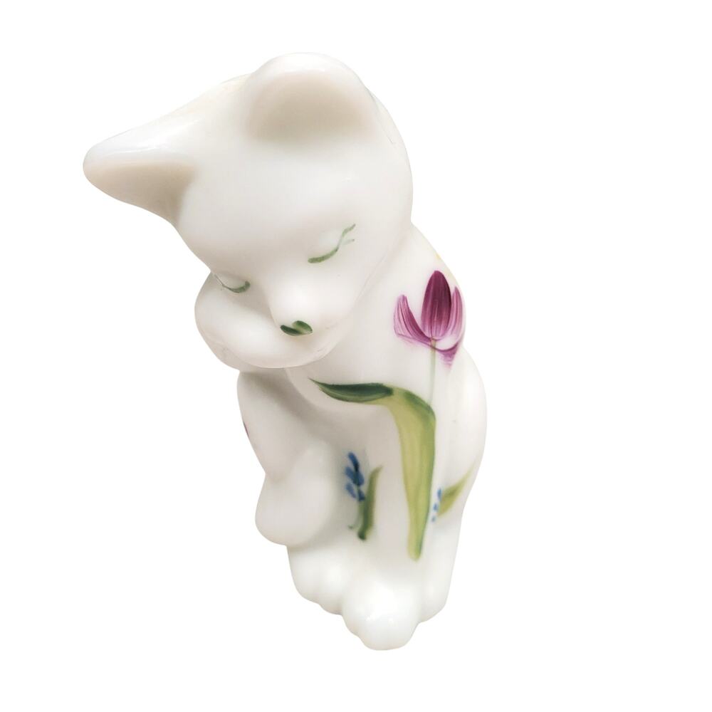 Fenton White Milk Glass Grooming Cat Pink Floral 4" Signed by Artist RARE
